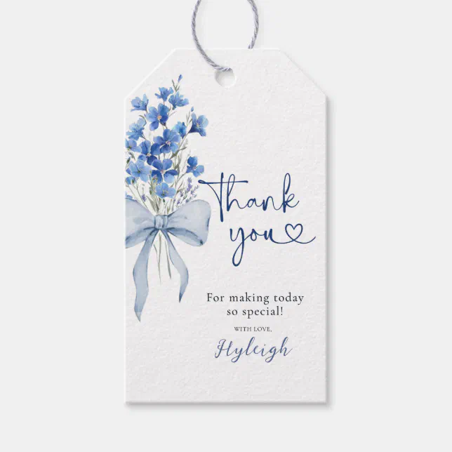 Elegant Dusty Blue Floral Ribbon Bridal Thank You Gift Tags | Zazzle
