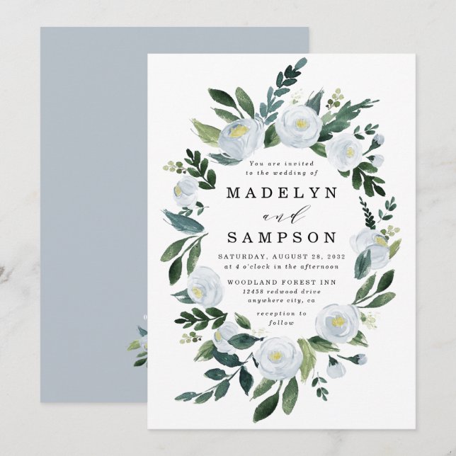 Elegant Dusty Blue Floral Rustic Garden Wedding Invitation (Front/Back)