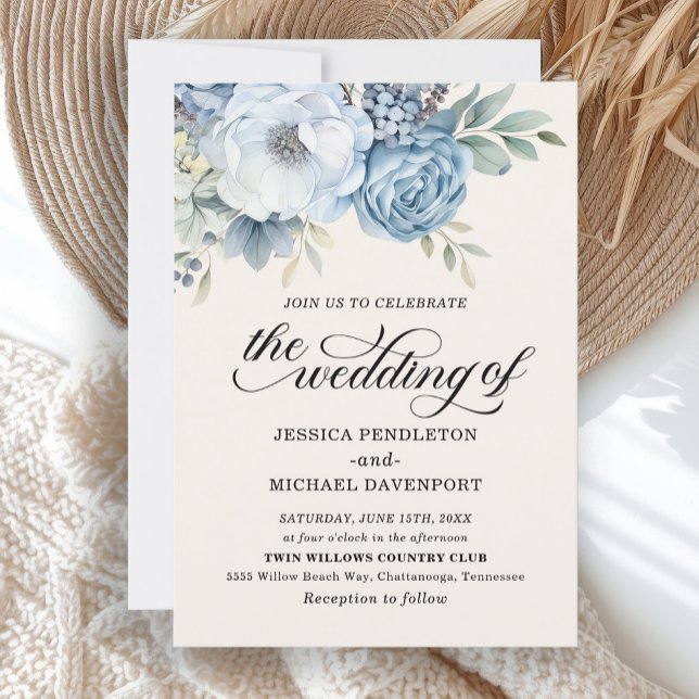 Elegant Dusty Blue Floral Sage Green Leaves Invitation (Elegant dusty blue floral "The wedding of" wedding invitation)