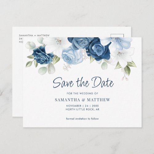 Elegant Dusty Blue Floral Save the Date Announcement Postcard