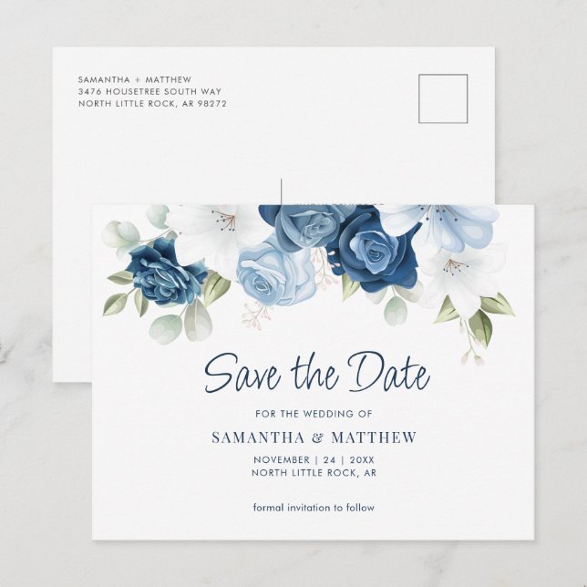 Elegant Dusty Blue Floral Save the Date Announcement Postcard (Front/Back)