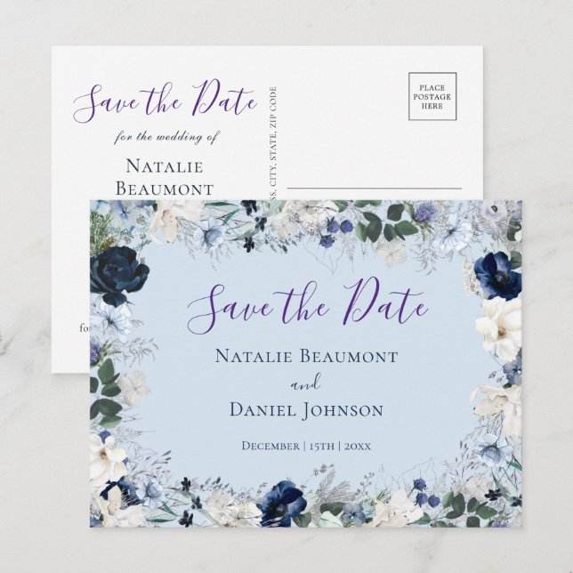 Elegant Dusty Blue Floral Save the Date Invitation Postcard (Front/Back)