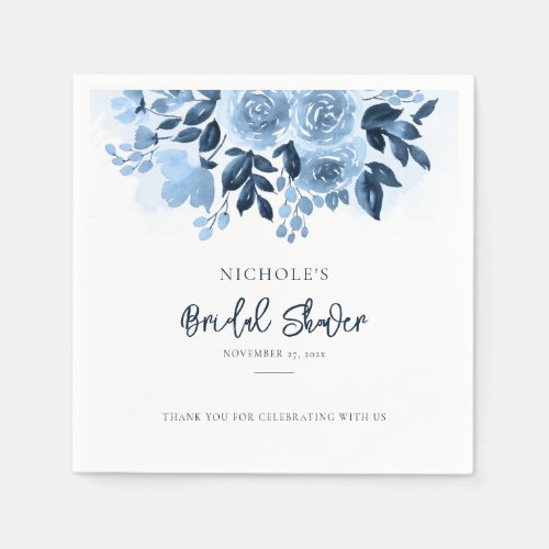Elegant Dusty Blue Floral Script Bridal Shower Napkins