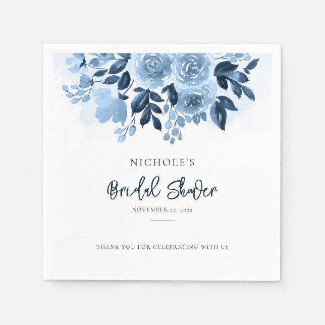 Elegant Dusty Blue Floral Script Bridal Shower Napkins (Front)