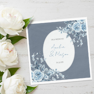 Elegant Dusty Blue Floral Script Wedding  Napkins