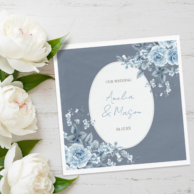 Elegant Dusty Blue Floral Script Wedding  Napkins (Elegant Dusty Blue Floral Script Wedding Napkins)