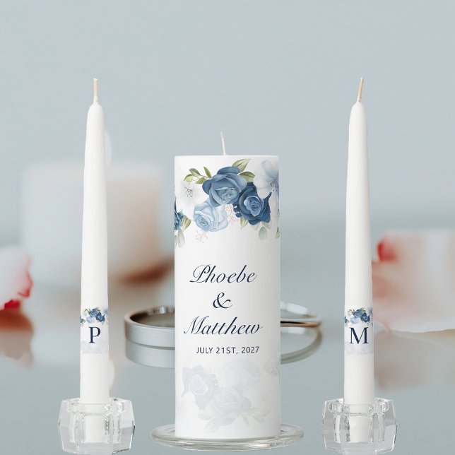 Elegant Dusty Blue Floral Script Wedding Unity Candle Set (Dusty Blue Floral Watercolor Wedding Unity Candles)