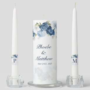 Elegant Dusty Blue Floral Script Wedding Unity Candle Set
