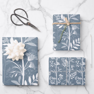 Elegant Dusty Blue Floral Silhouette Wrapping Paper Sheets