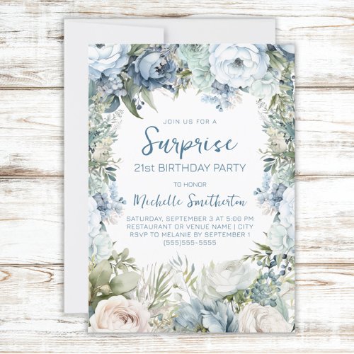 Elegant Dusty Blue Floral Surprise 21st Birthday Invitation