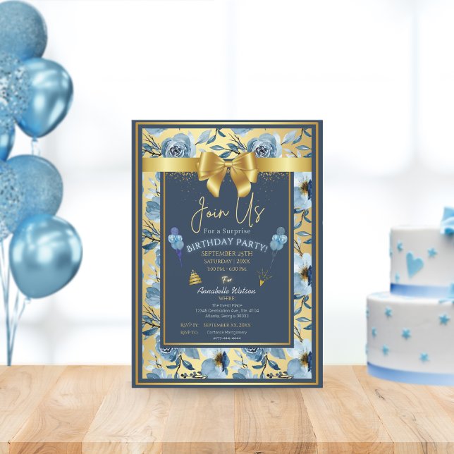 Elegant Dusty Blue Floral Surprise Birthday Custom Invitation (Creator Uploaded)