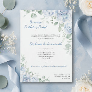 Elegant Dusty Blue Floral Surprise Birthday Party Invitation