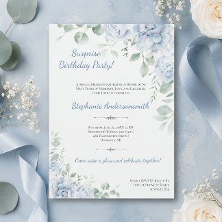 Elegant Dusty Blue Floral Surprise Birthday Party Invitation