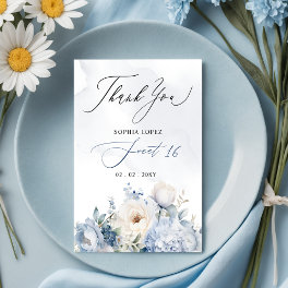 Elegant Dusty Blue Floral Sweet 16 Thank You Postcard