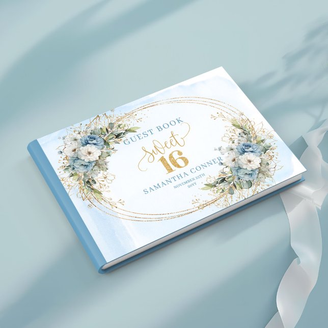 Elegant Dusty Blue Floral Sweet Sixteen Guest Book (dusty blue flowers sweet sixteen,
eucalyptus greenery foliage guestbook,
wreath 16th birthday guest )