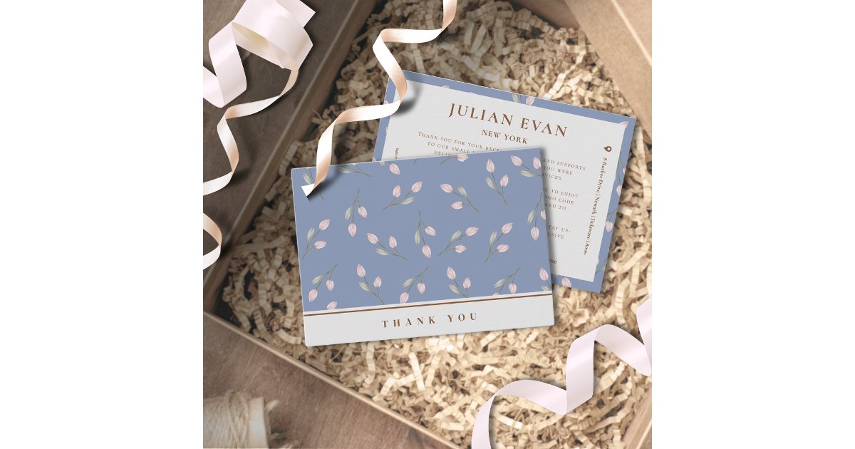 Elegant Dusty Blue Floral Thank You Business Card | Zazzle
