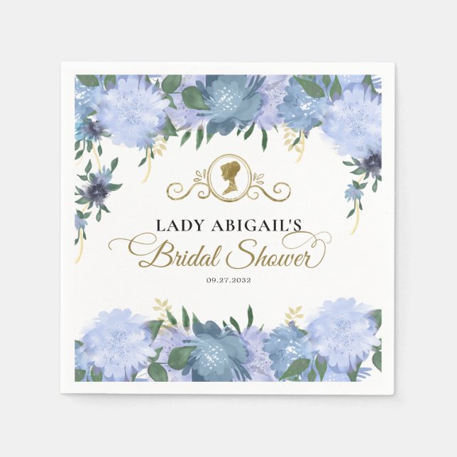 Elegant Dusty Blue Floral Victorian Bridal Shower Napkins (Front)