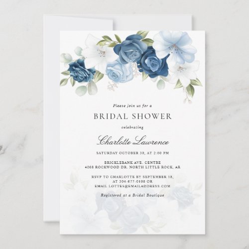 Elegant Dusty Blue Floral Watercolor Bridal Shower Invitation