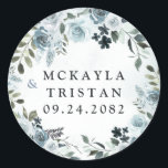 Elegant Dusty Blue Floral Watercolor Navy Wedding Classic Round Sticker<br><div class="desc">Design features elegant watercolor floral elements in shades of dusty blue and small elements in navy. Design also features various types of greenery and branches with dusty blue watercolor splashes for added style.</div>
