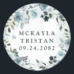 Elegant Dusty Blue Floral Watercolor Navy Wedding Classic Round Sticker<br><div class="desc">Design features elegant watercolor floral elements in shades of dusty blue and small elements in navy. Design also features various types of greenery and branches with dusty blue watercolor splashes for added style.</div>