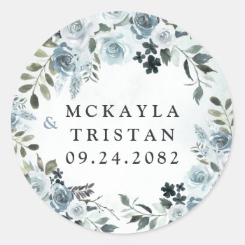 Elegant Dusty Blue Floral Watercolor Navy Wedding Classic Round Sticker by RusticWeddings at Zazzle