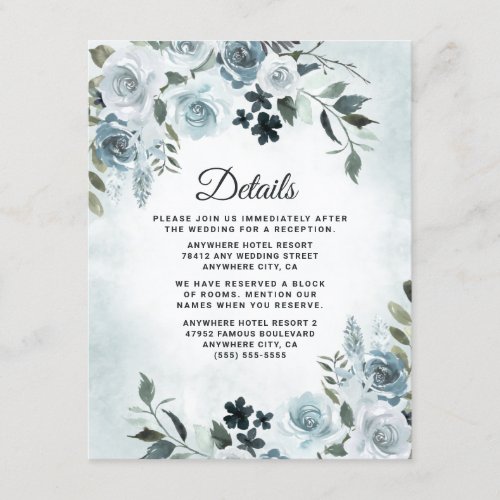 Elegant Dusty Blue Floral Watercolor Navy Wedding Enclosure Card