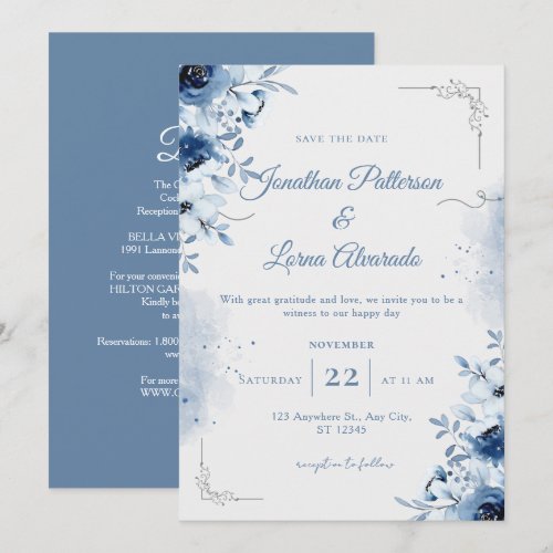 Elegant Dusty Blue Floral Watercolor Navy Wedding Invitation