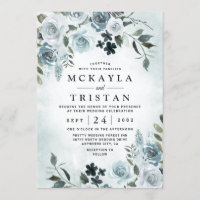 Elegant Dusty Blue Floral Watercolor Navy Wedding Invitation