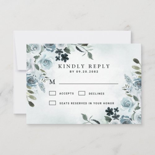 Elegant Dusty Blue Floral Watercolor Navy Wedding RSVP Card