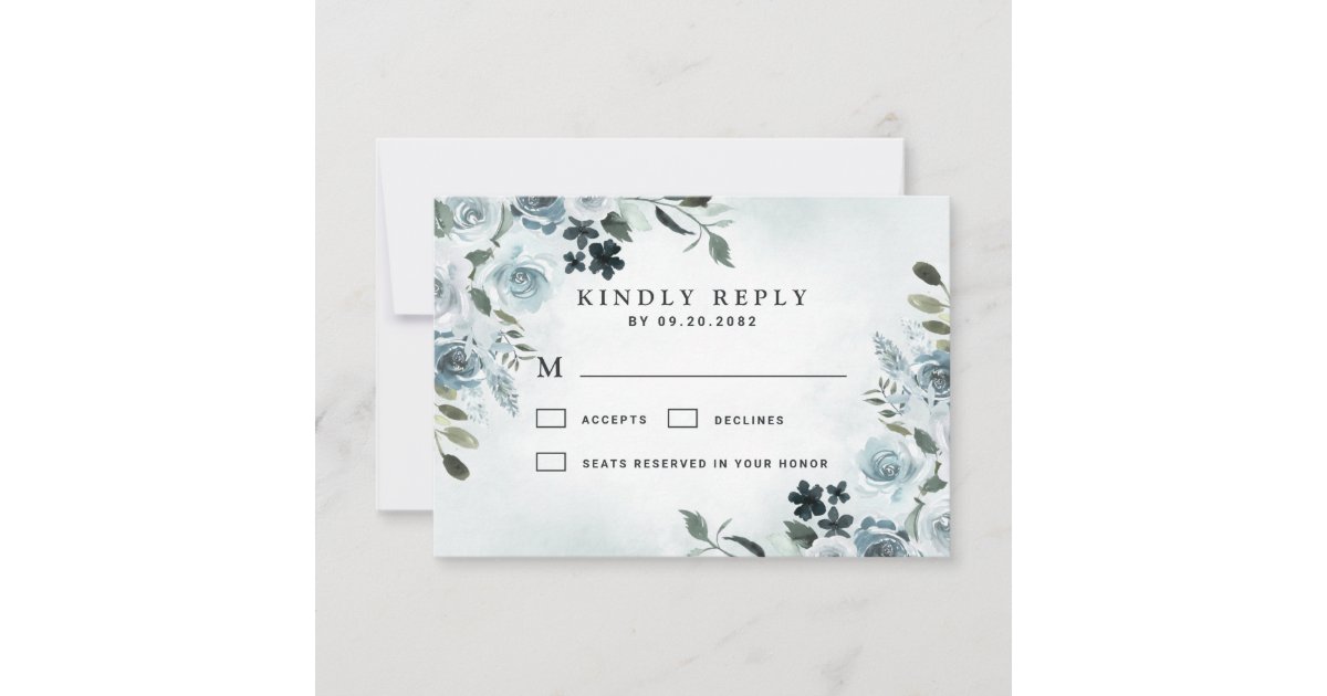 Elegant Dusty Blue Floral Watercolor Navy Wedding RSVP Card | Zazzle