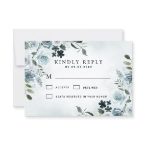 Elegant Dusty Blue Floral Watercolor Navy Wedding RSVP Card