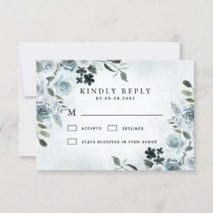 Elegant Dusty Blue Floral Watercolor Navy Wedding RSVP Card