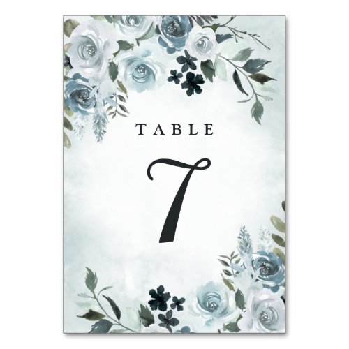 Elegant Dusty Blue Floral Watercolor Navy Wedding Table Number