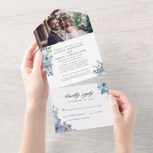 Elegant Dusty Blue Floral Watercolor Photo Wedding All In One Invitation
