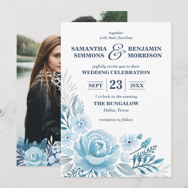 Elegant Dusty Blue Floral Watercolor Photo Wedding Invitation (Front/Back)