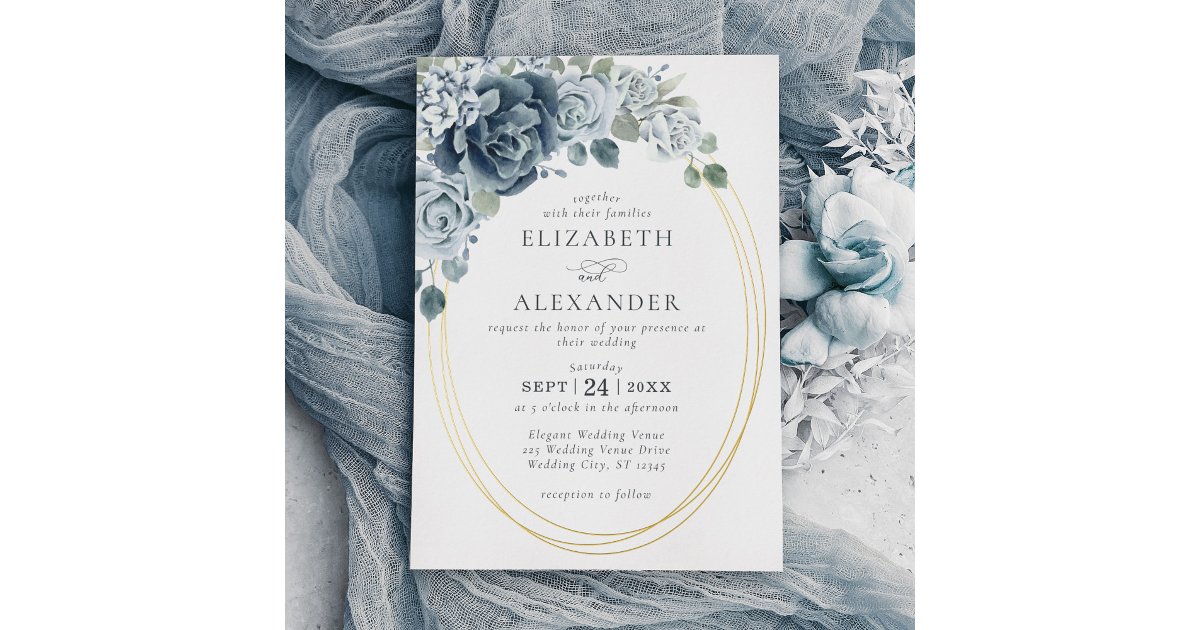 Elegant Dusty Blue Floral Watercolor Wedding Gold Foil Invitation | Zazzle
