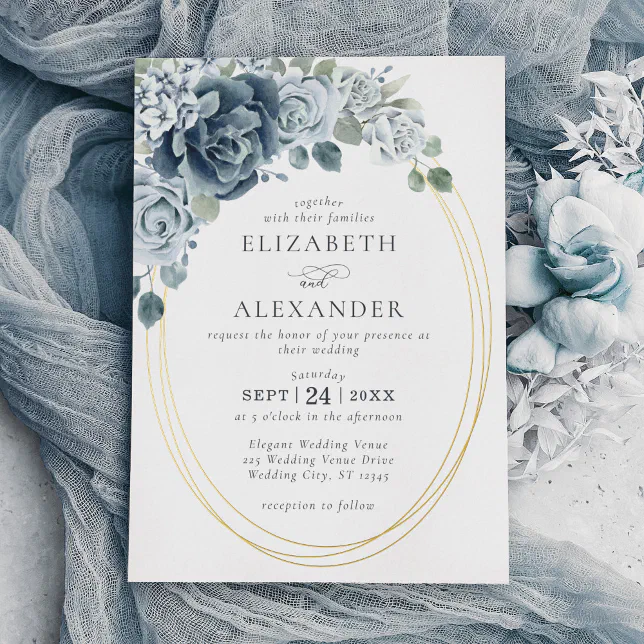 Elegant Dusty Blue Floral Watercolor Wedding Gold Foil Invitation | Zazzle