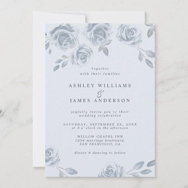 Elegant Dusty Blue Floral Watercolor Wedding Invitation (Front)