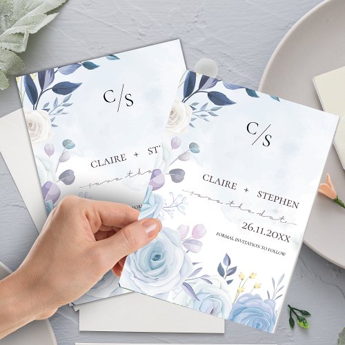 Elegant Dusty Blue FLoral Watercolor Wedding Save The Date