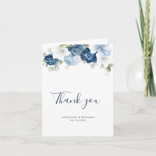 Elegant Dusty Blue Floral Watercolor Wedding Thank You Card