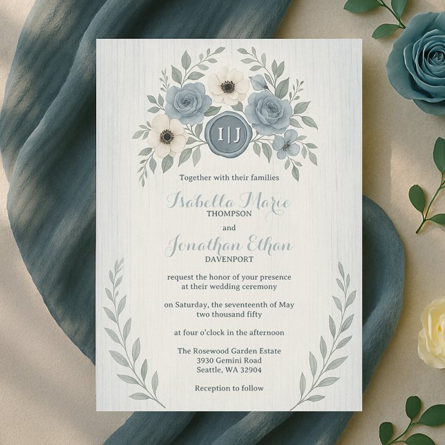 Elegant Dusty Blue Floral Wax Seal Wedding Invitation (Elegant Dusty Blue Floral Wax Seal Wedding Invitation
)