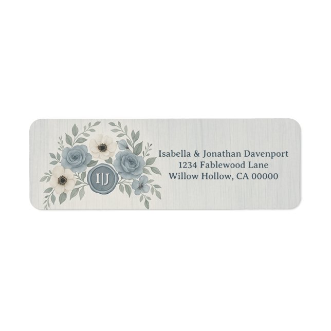 Elegant Dusty Blue Floral Wax Seal Wedding Label (Front)