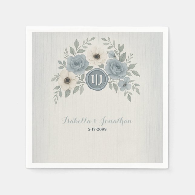 Elegant Dusty Blue Floral Wax Seal Wedding Napkins (Front)