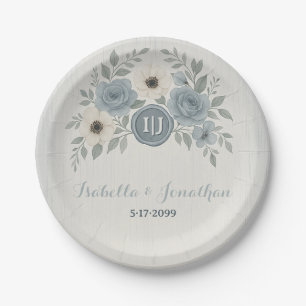 Elegant Dusty Blue Floral Wax Seal Wedding Paper Plates