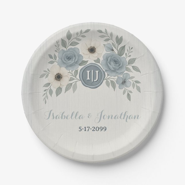 Elegant Dusty Blue Floral Wax Seal Wedding Paper Plates (Front)