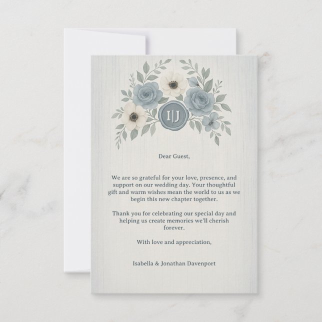 Elegant Dusty Blue Floral Wax Seal Wedding Thank You Card (Front)
