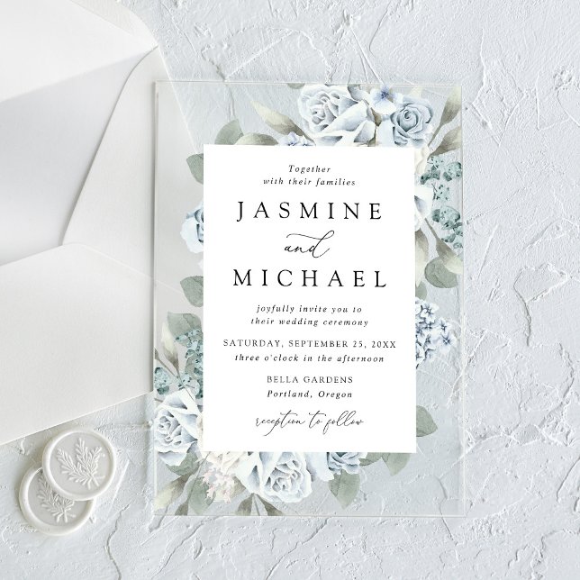 Elegant Dusty Blue Floral Wedding Acrylic Invitations (Creator Uploaded)
