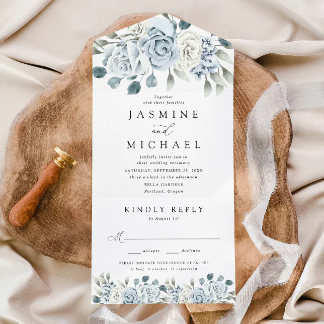 Elegant Dusty Blue Floral Wedding All In One Invitation | Zazzle