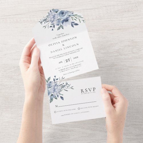 Elegant Dusty Blue Floral Wedding All In One Invitation