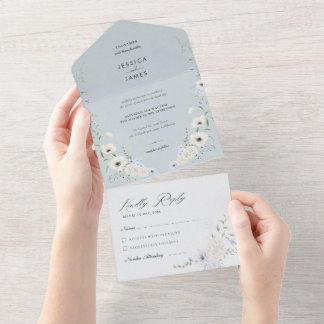 Elegant Dusty Blue Floral Wedding All In One Invitation